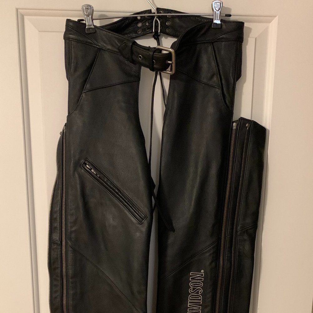 Harley Davidson Womens Black Leather Lined Chaps Pockets Adjustable Waist Small